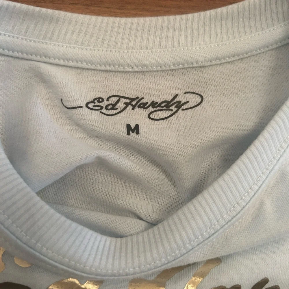 Ed Hardy Blue Short Sleeve Tee with Artistic Graphics - Picture 2 of 4